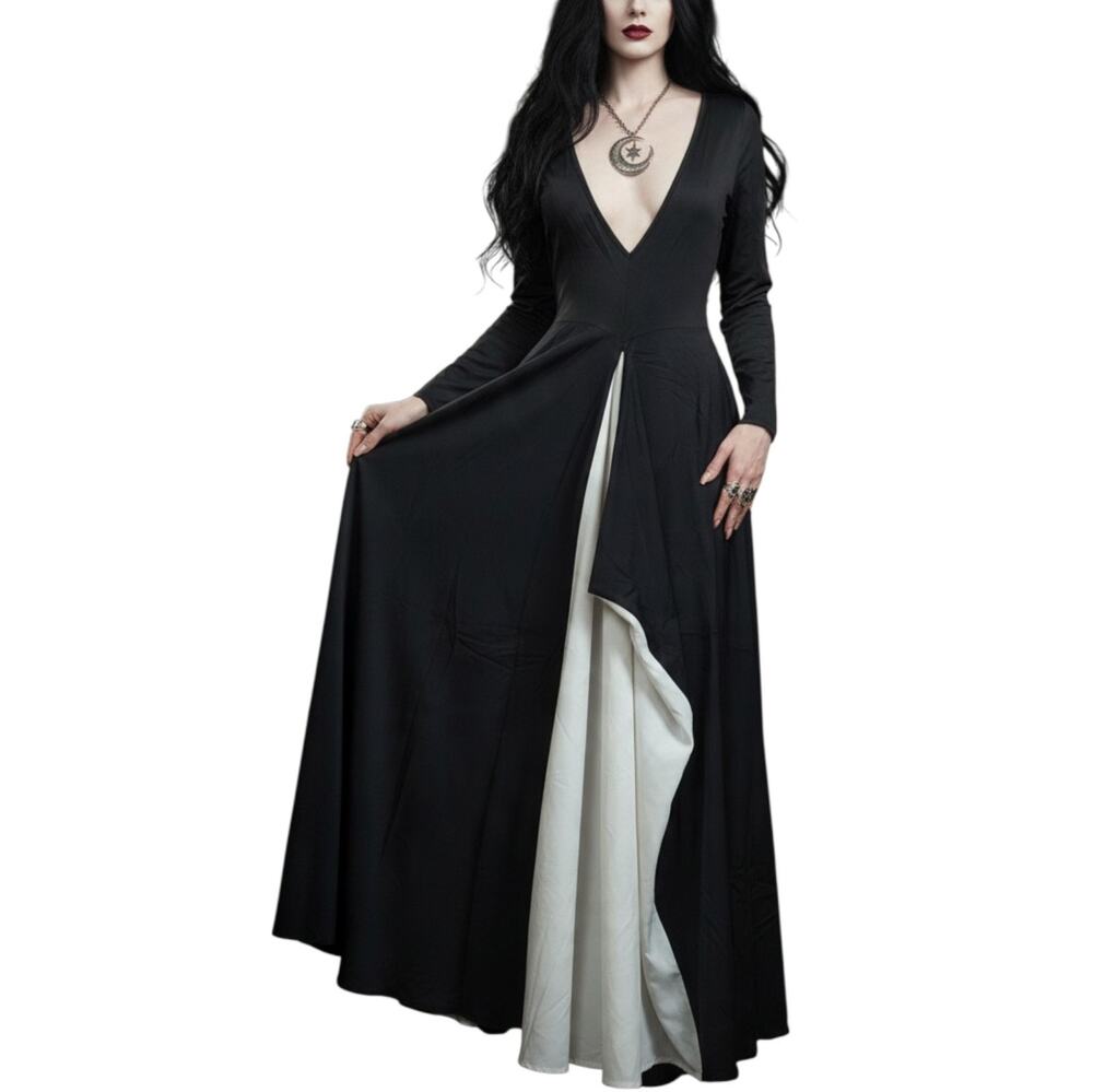 Women 1XL Black White Witchy Maxi Dress Deep V Sexy Halloween Costume Goth Silky